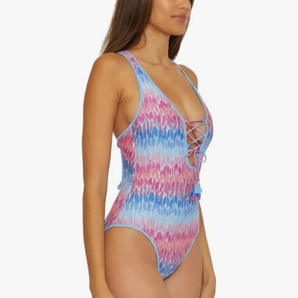 BECCA Joshua Tree One Piece Swimsuit Plunge Neck Adjustable Strap Medium